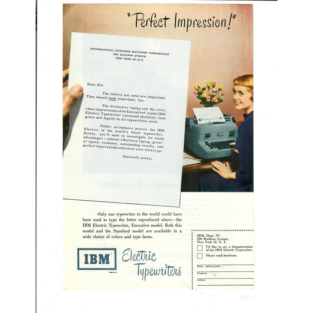 1950 IBM Electric Typwriters Perfect Impression Secretary Office Ephemera Ad